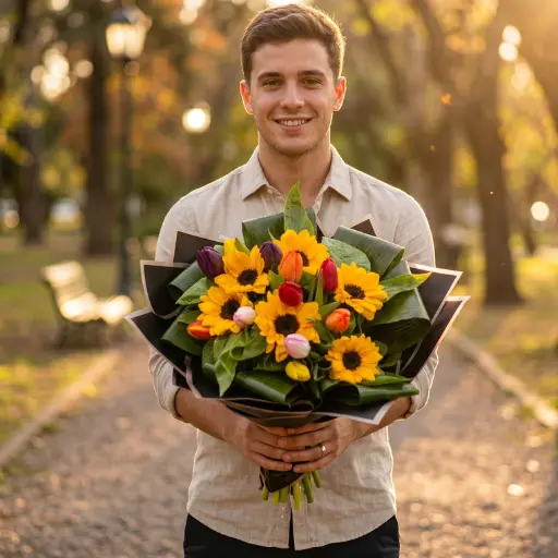 Ramo de flores girasoles con tulipanes con papel coreano